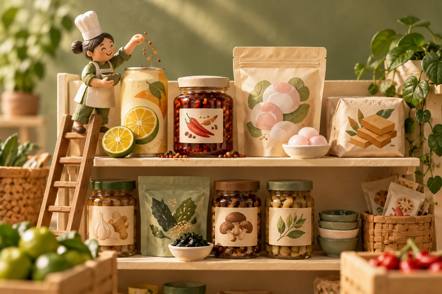 A miniature chef figurine on a small wooden ladder sprinkles red spice over a shelf filled with jars, a citrus can, packaged snacks, bowls and potted plants.