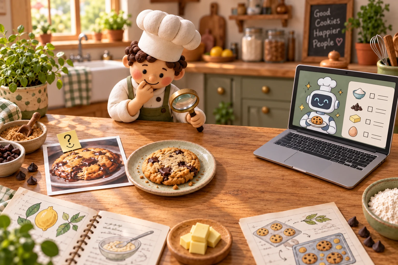 A clay chef stands behind a wooden kitchen table, holding a magnifying glass above a chocolate-chip cookie. A printed cookie photo sits beside the plate, with a laptop showing a robot chef and ingredient checklist spaced apart on the right.
