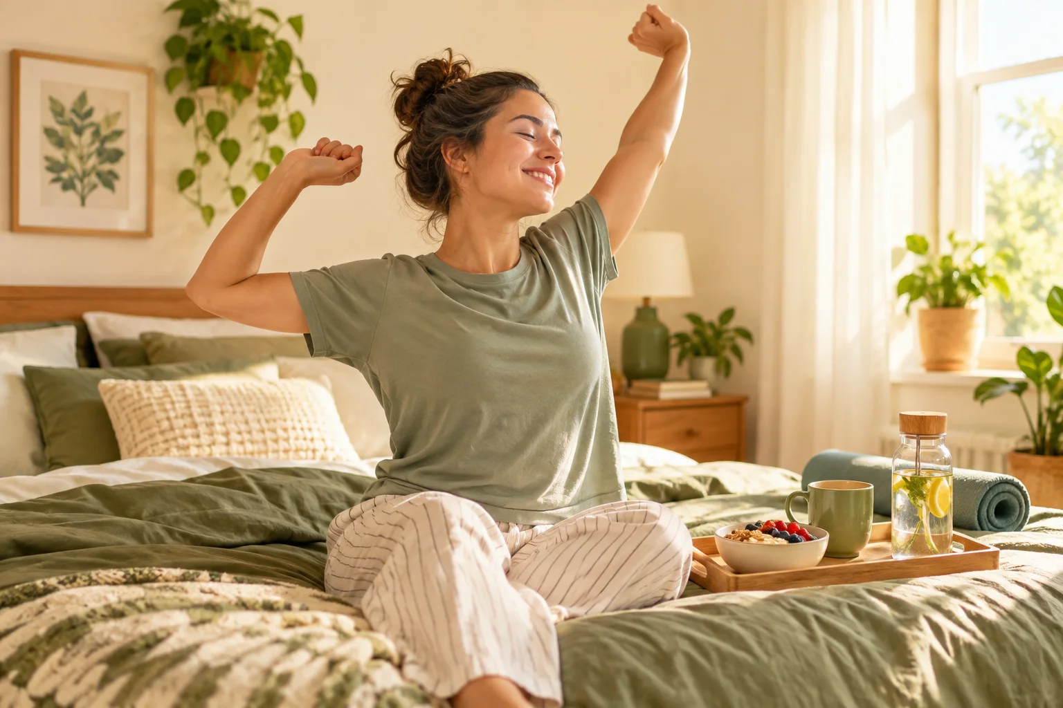 A woman in a green T-shirt and striped pajama pants sits cross-legged on a bed, stretching her arms above her head while a wooden tray with a bowl of berries and granola, a green mug, and a bottle of lemon water rests beside her.