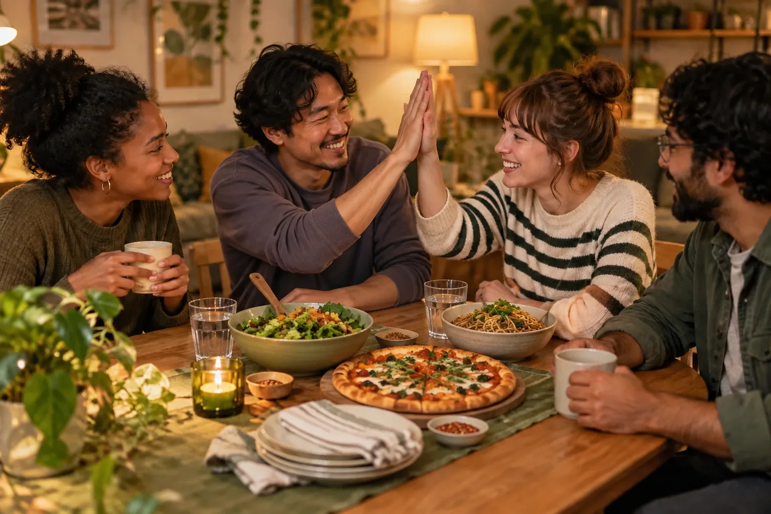 Four people sit around a wooden table with pizza, salad and pasta, two in the center giving a high-five while the others smile, mugs and glasses nearby and a lit candle and plants on the table.