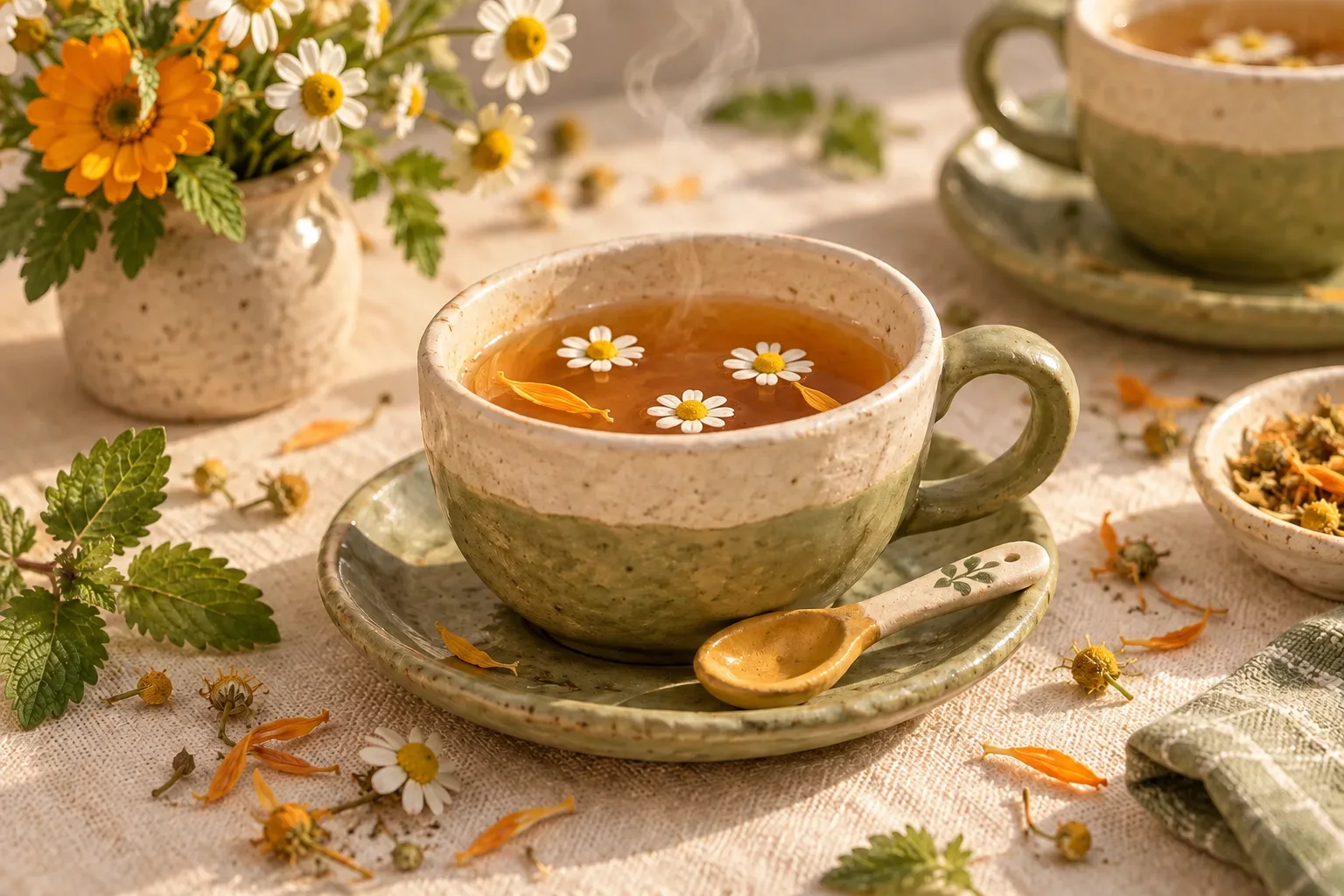 A speckled green-and-cream ceramic cup and saucer hold steaming tea with three chamomile flowers floating, a small wooden spoon rests on the saucer, and scattered daisy petals, buds and leaves lie on the linen tablecloth with a vase of daisies behind.