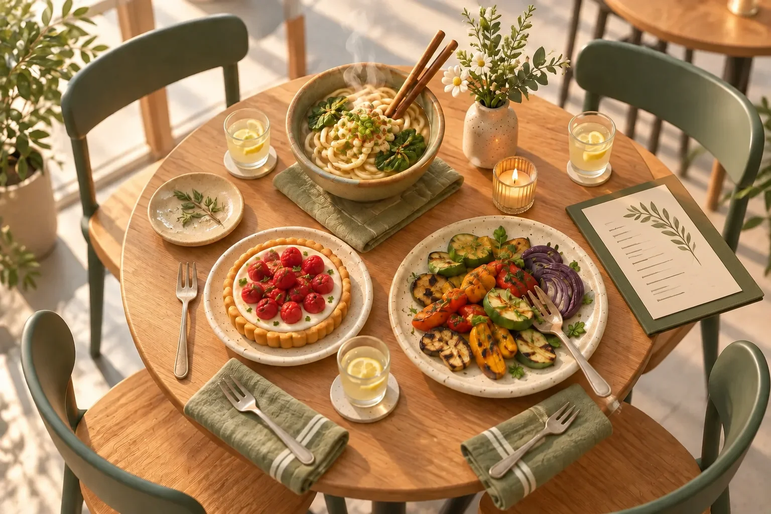 Round wooden table set for four with a steaming bowl of udon noodles and chopsticks, a plate of grilled vegetables, a cherry-tomato tart, glasses of lemon water, a small vase of daisies, a lit candle and a menu.