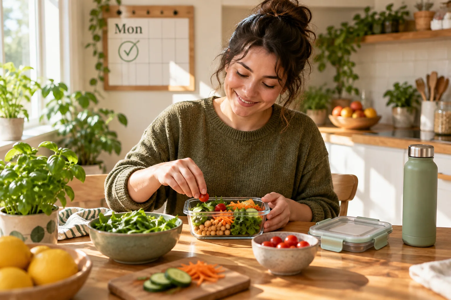 Woman at a sunlit kitchen table assembling a salad in a glass container, adding cherry tomatoes from a bowl amid bowls of greens, sliced cucumbers and carrots, lemons, a green water bottle, potted herbs and a wall calendar marked Mon with a check.