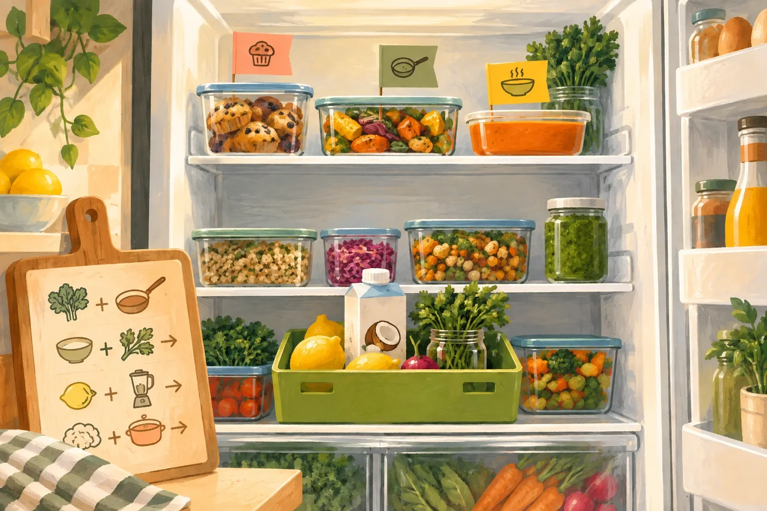 Open refrigerator shelves filled with glass containers of salads, chickpeas, soup and muffins, jars of herbs and green sauce, a green crate holding lemons, a coconut carton and parsley, and a wooden cutting board propped nearby with simple illustrated recipe icons.