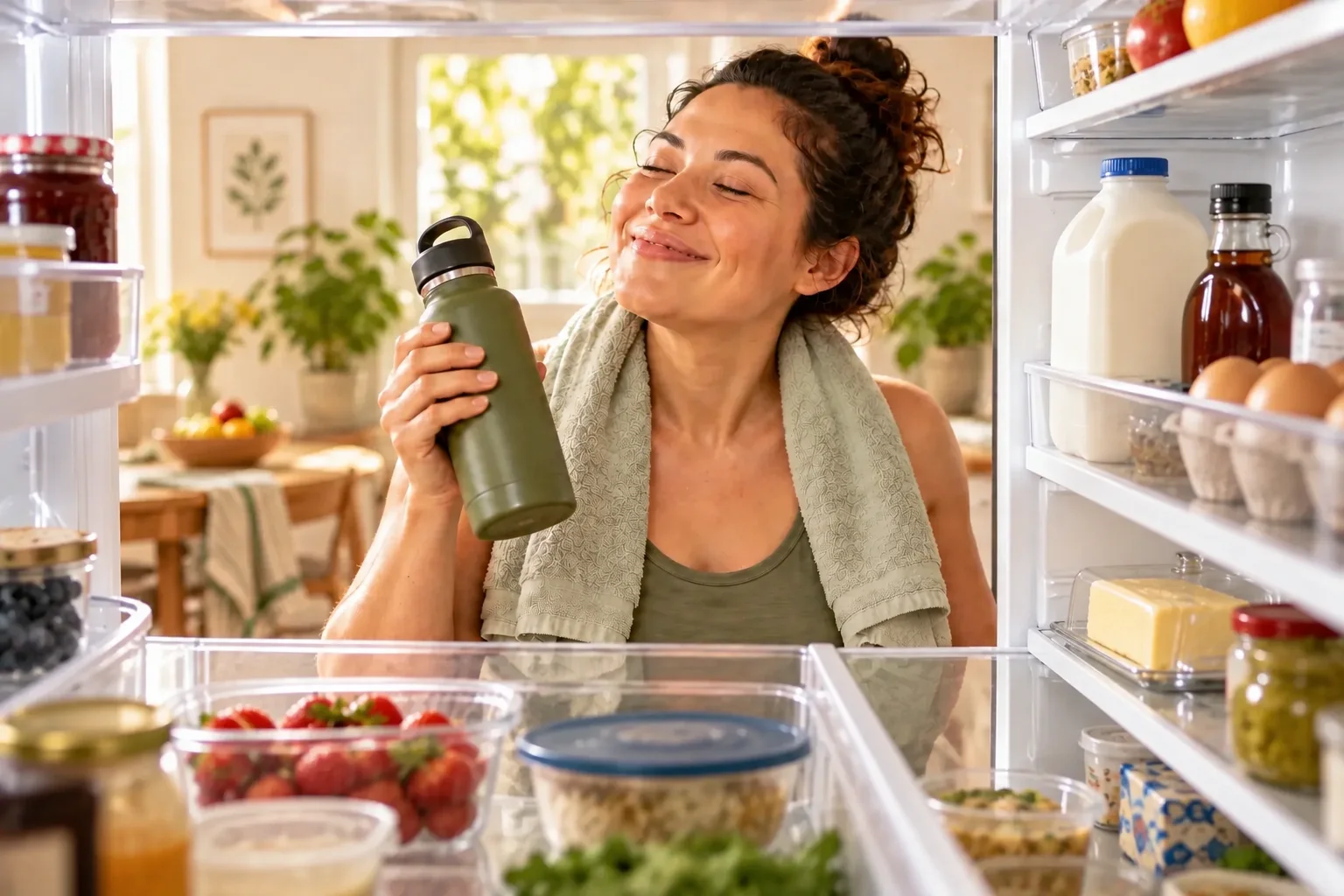 A woman seen through an open refrigerator holds a green insulated bottle to her face with a towel draped over her shoulders, surrounded by milk, eggs, butter, jars, and clear containers of strawberries and prepared food.